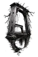 old wooden decrepit bridge broken vines thorns growing over tattoo design idea