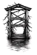 old wooden decrepit bridge broken vines thorns growing over tattoo design idea