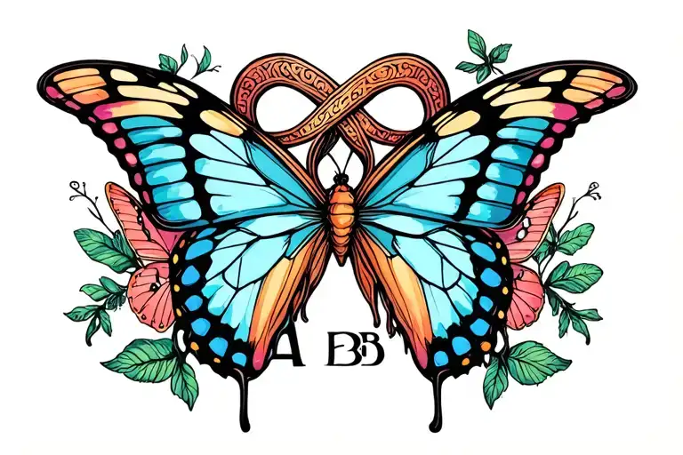 infinity symbol and butterfly's around letters a and b tattoo design idea