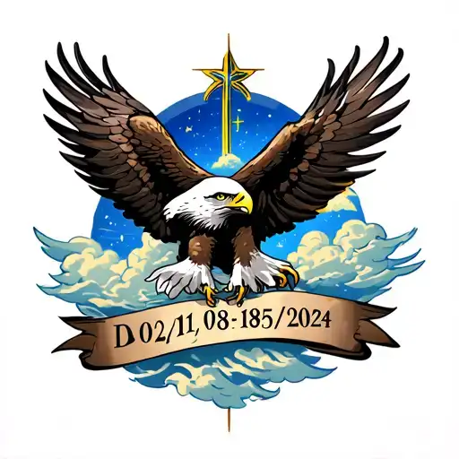 "Dad 01/02/1958-18/09/2024" rememberance tattoo design featuring an eagle, clouds and the southern Cross stars tattoo design idea
