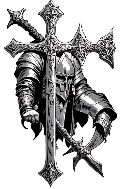 crusader with cross and deus vult tattoo design idea