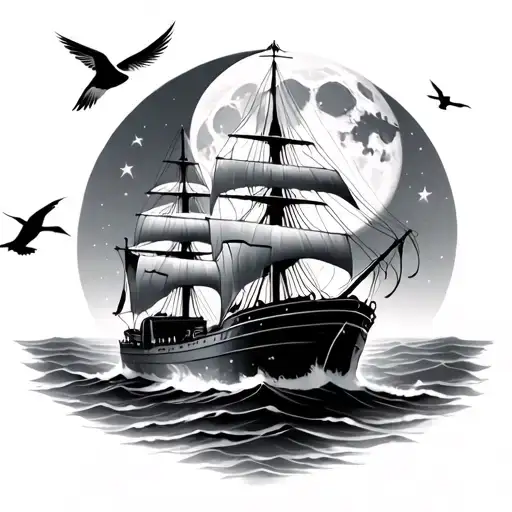 simple grey ships passing into the west with a pale moon rising and white gulls calling tattoo design idea