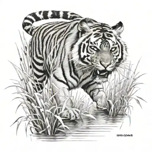 TIGER JUMPS OUT OF THE REEDS tattoo design idea