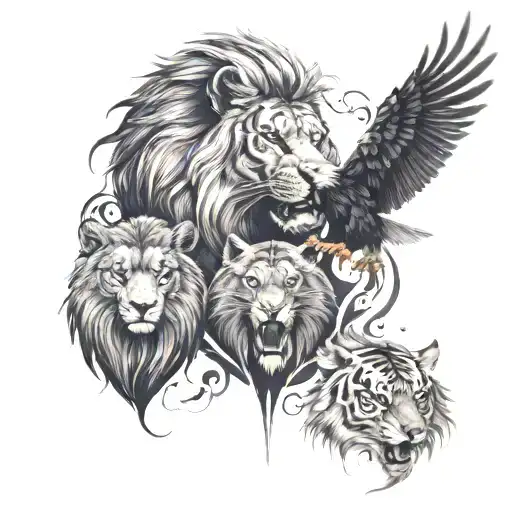 four animals, lion, wolf, eagle, tiger surrounded tattoo design idea