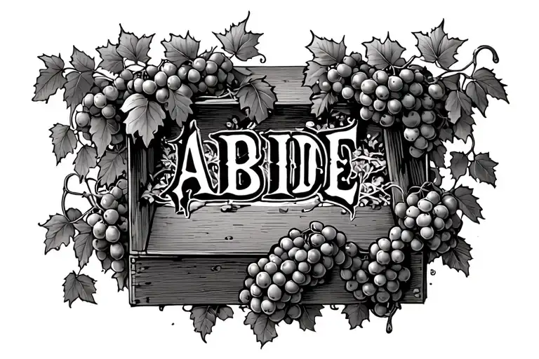 the text: ABIDE surrounded by a box made of grape vines and trellis tattoo design idea