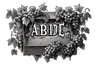 the text: ABIDE surrounded by a box made of grape vines and trellis tattoo design idea