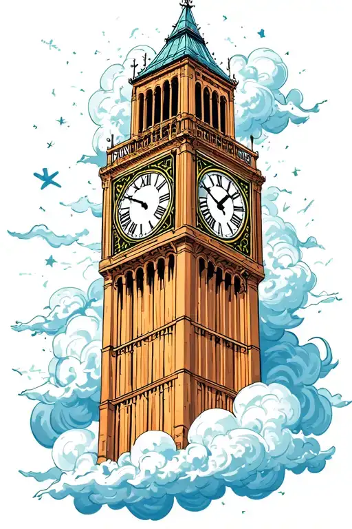 aerial view of clock tower surrounded by clouds floating with roman numerals and coordinates next to it tattoo design idea