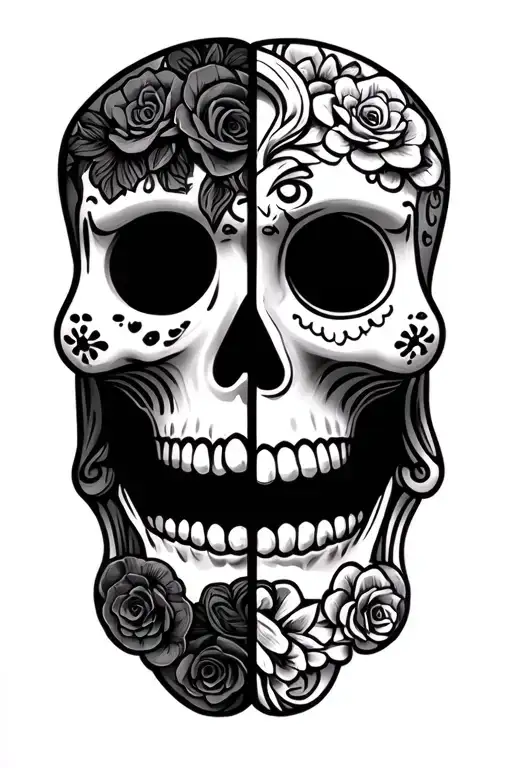 2 sugar skulls representing the comedy and tragedy mask, one happy and one sad tattoo design idea