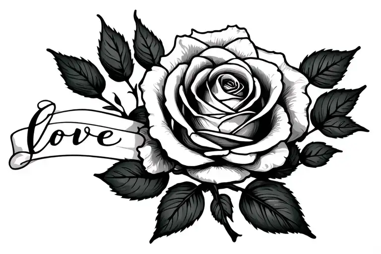 Horizetal rose with stems on hand. A band is supposed to meander around the stem where the word "love" in Schnörklig tattoo design idea