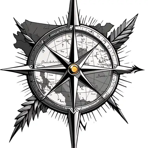 long stylish arrow with a compass at the bottom, in the compass the maps of Spain and the US, and the arrow pointing sou tattoo design idea