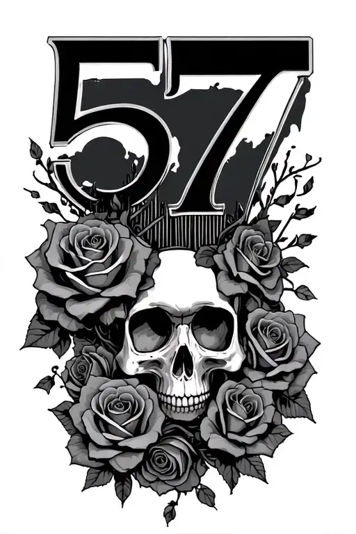 skull train, number 57, fallen roses across tattoo design idea