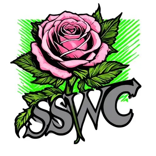 Alberta pink rose with green and grey pinstripe art behind and the letters sswc underneath  tattoo design idea
