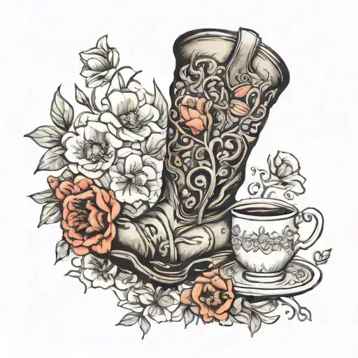 cowboy boot and tea cup surrounded by poppies tattoo design idea