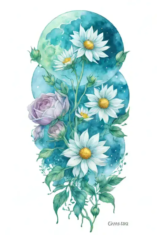 An intricate tattoo of a boquet of roses, daisys, and cosmos flowers intertwined with the three moon phases tattoo design idea