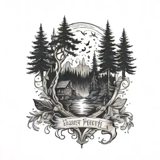 A tattoo design of a calming scene from the world of Harry Potter, like the Forbidden Forest with a subtle nod to mental health advocacy tattoo design idea