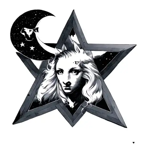 Make me a pentagon (a 5-pointed star) in the background. Integrate into the star a half moon with a face, also add a hor tattoo design idea