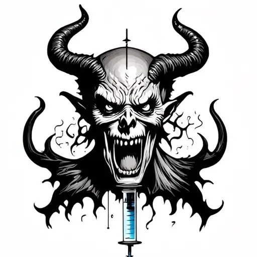 satan stuck inside a hypodermic syringe tattoo design idea