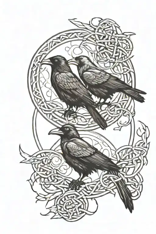 two crows, one in front of the other, framed by the moon with Celtic knot patterns  tattoo design idea