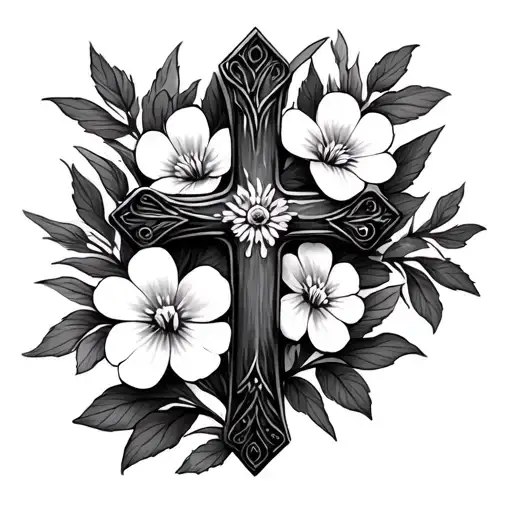 cross with forget me nots tattoo design idea