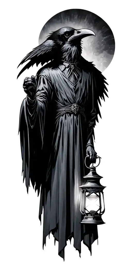 1. raven. 2. gothic cathedral. 3. plague doctor holding a lantern tattoo design idea