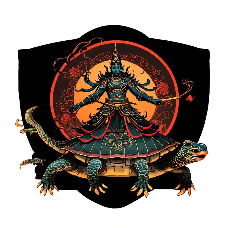 “A full-back traditional Japanese tattoo of Xuanwu (Huyen Thien Tran Vu), the dark warrior deity, standing on a turtle a tattoo design idea