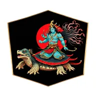 “A full-back traditional Japanese tattoo of Xuanwu (Huyen Thien Tran Vu), the dark warrior deity, standing on a turtle a tattoo design idea