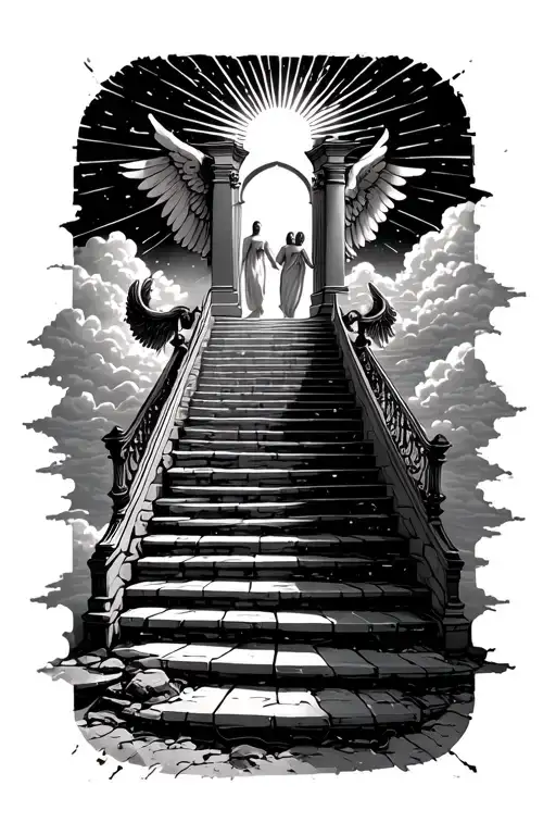 stairway to heaven walking up stairs angels sun rays clouds heaven gate at the top of the stairs  tattoo design idea