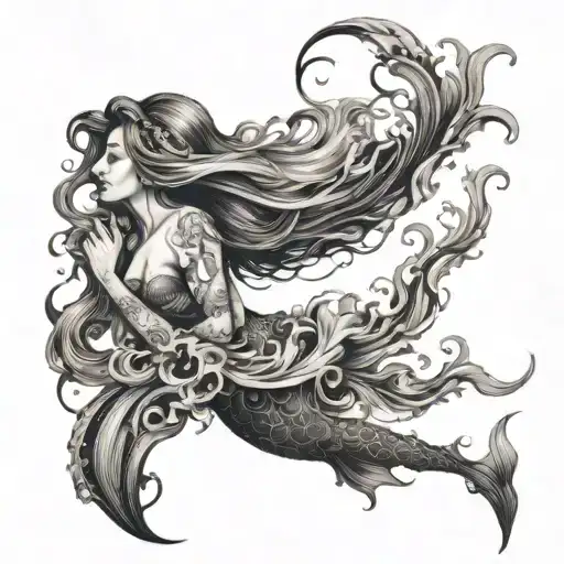 Design a mermaid made of flowing smoke, with wispy details to create an ethereal, mysterious look tattoo design idea