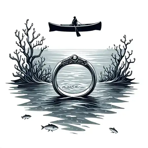  a wedding band ring at the bottom of the ocean floor with fish and coral near by and a kayak above tattoo design idea