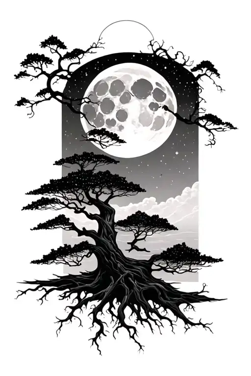 trees and moon and magic tattoo design idea