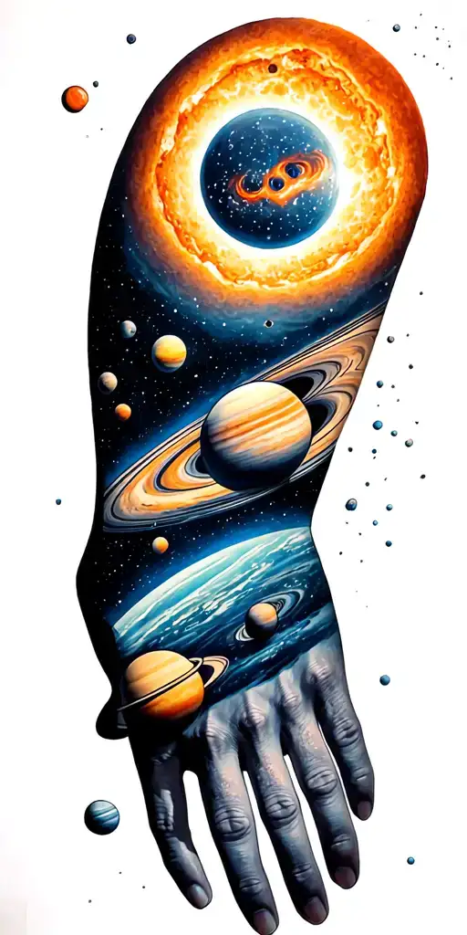 Solar system with sun at shoulder and planets, major moons and asteroid belt, finalising with the kuiper belt at wrist. tattoo design idea