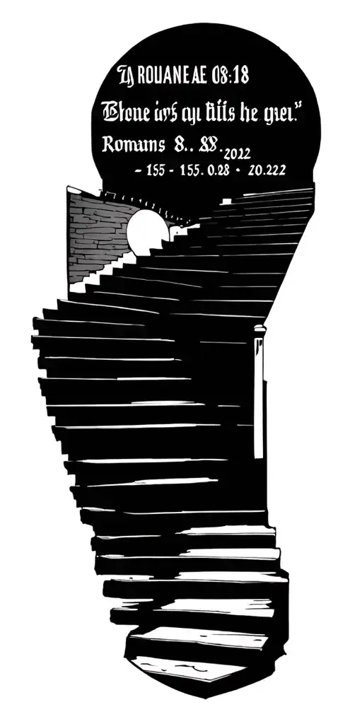 heavenly concept, the quote romans 8:18 from bible and the date 15.08.2022 on a set of stairs tattoo design idea