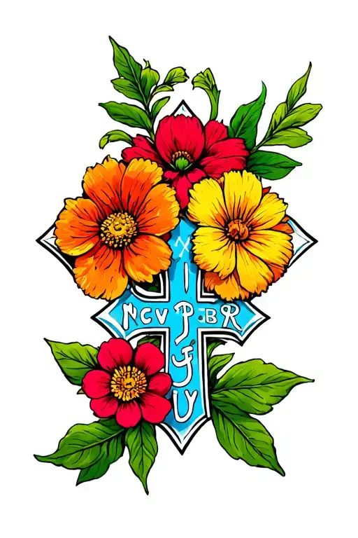 maltese cross with December November and July birthflowers tattoo design idea