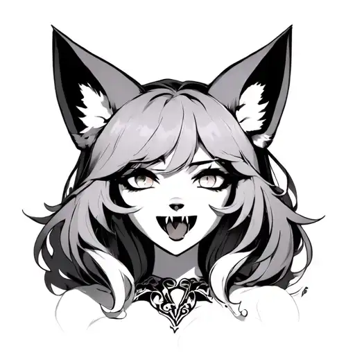 A face with big breasts, fox ears, licks, wants, cum, big fangs, porn flows. tattoo design idea