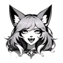 A face with big breasts, fox ears, licks, wants, cum, big fangs, porn flows. tattoo design idea