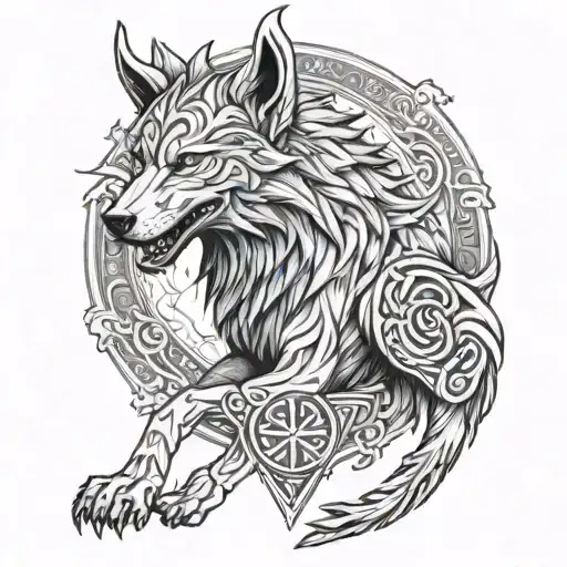 A fenrir perched on runes with intricate line work, and viking rune patterns woven into fur.  tattoo design idea