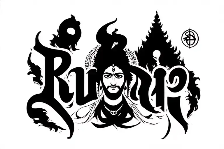 The Sanskrit word "रुद्र" (Rudra) with Lord Shiva's meditative face or silhouette, trishul behind the text, black ink fi tattoo design idea