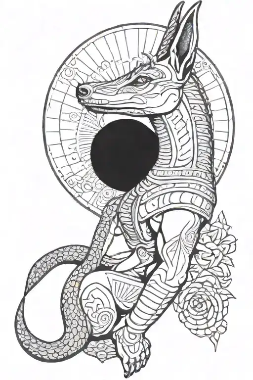 anubis with scale and a waxing crecent moon surrounded tattoo design idea