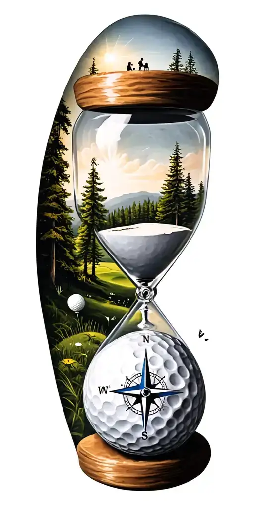 family and forest and hour glass and compass golf course golf ball tattoo design idea