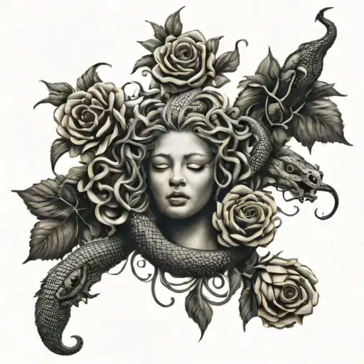 Medusa snake heads surrounded by sunflowers and roses tattoo design idea