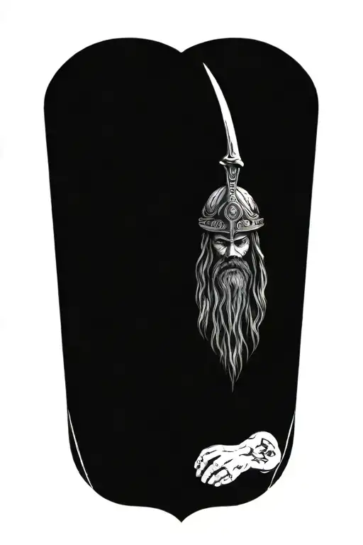 viking with a skull with long hair holdiing a sword tattoo design idea