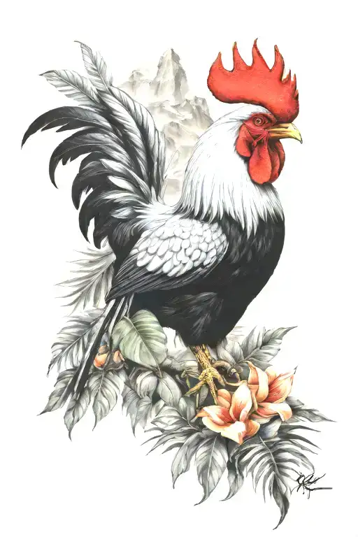 rooster, tropical, mountains, detroit, blackbird tattoo design idea