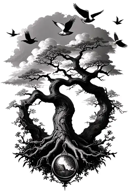 A Poison Tree with doves flying and cloud shadowing and wrap around to a tree of life tattoo design idea