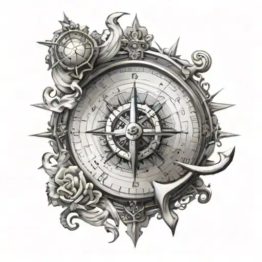 3D compass and anchor cross ocean shading tattoo design idea