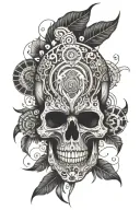 A skull surrounded by abstract art patterns representing different music genres tattoo design idea