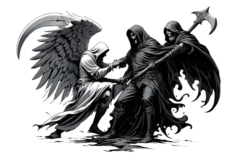 a hooded guardian angel fightng against a dark grim reaper holding a scythe tattoo design idea
