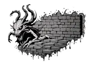 brick wall with a creature coming out of it tattoo design idea