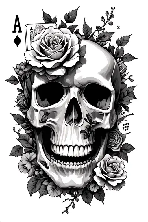 skull hidden in roses, thorns, flowers, vines with ace cards and dice tattoo design idea