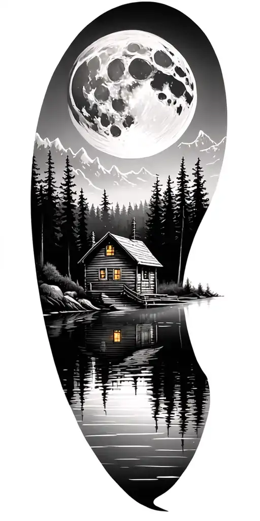 moon over Forest skyline, a frame cabin on lake tattoo design idea