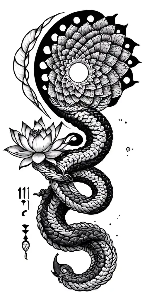 non duality based, ohm symbol, mandala, snake, rope, 11:11, kiyohime, lotus tattoo design idea